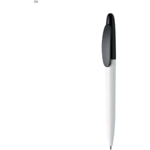 A white plastic pen with a black cap and a branding logo on the side.