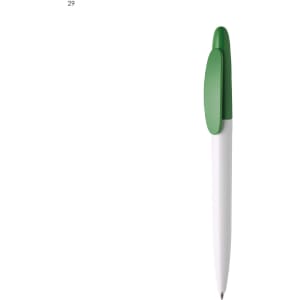 A plastic pen with a white body and a green cap, featuring a logo on the side.