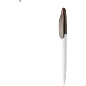 A plastic pen in white and brown, featuring a logo on the body.