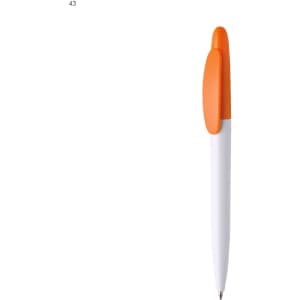 A white plastic pen with an orange cap and clip, featuring a logo.