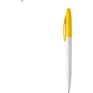 A plastic pen with a yellow cap and white barrel, featuring a logo.