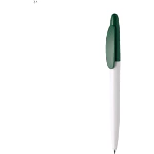 A plastic pen with a green cap and a white barrel. The pen features a logo on its surface.