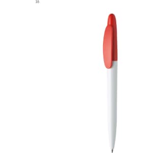 A plastic pen with a white body and a red cap, featuring a logo on the body.