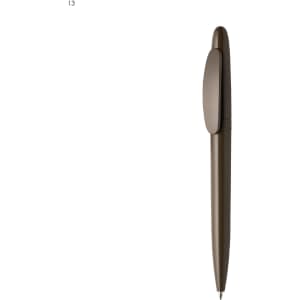 A plastic pen in a dark brown colour with a sleek design and a clip. It features a logo on the side.