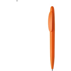 An orange plastic pen with a unique design and a clip, featuring a logo on its side.