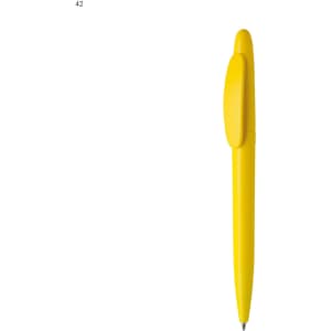 A yellow plastic pen with a clip and a smooth design, featuring a branding logo.