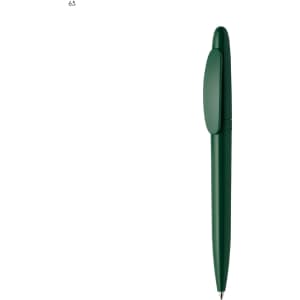 A green plastic pen with a clip and a smooth design, featuring a branding logo.