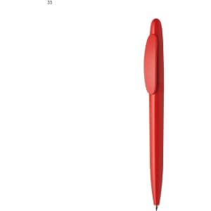 A red plastic pen with a smooth finish and a clip for attachment. It features a branding logo.