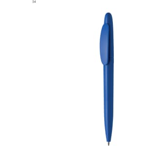 A blue plastic pen with a sleek design and a clip, featuring a branding logo.