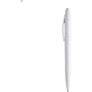 A plastic pen in white with a smooth barrel design and a clip on the side. It has a branding logo.