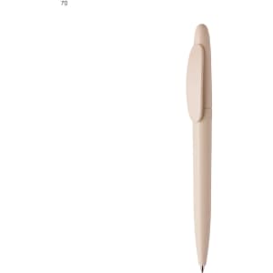 A beige plastic pen with a sleek design and a clip for easy attachment. It features a logo on the barrel.