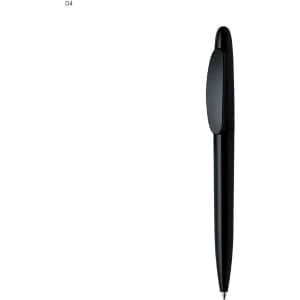 A black plastic pen featuring a smooth design and a branding logo.