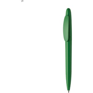 A green plastic pen with a streamlined design and a clip on the side, featuring a branding logo.