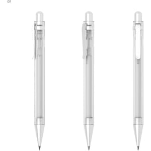 Three transparent plastic pens with silver accents, featuring a clip and a pointed tip.