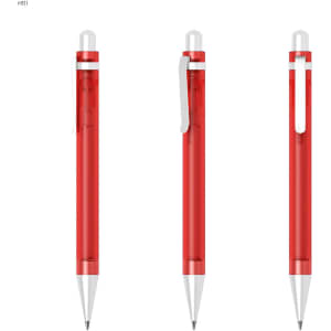 A set of three red plastic pens with silver accents and transparent barrels, each featuring a clip.