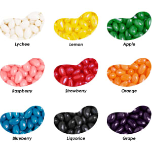 Assorted jelly beans in various colours, including white, yellow, pink, red, green, blue, black, and purple.
