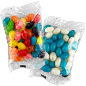 Two sealed bags of jelly beans featuring various colours, including orange, black, blue, and white.