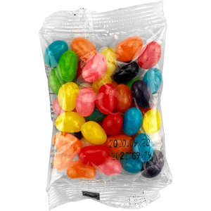 A clear bag containing an assortment of colourful jelly beans in various flavours.