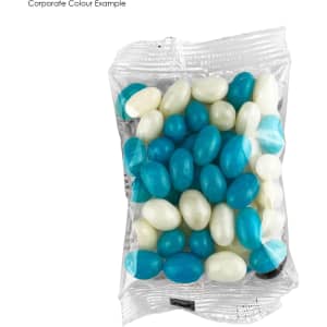 A clear bag containing an assortment of blue and white jelly beans.