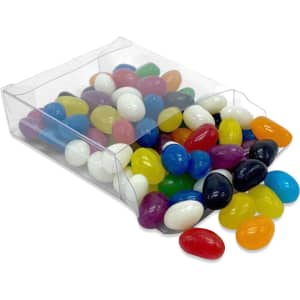 A clear box containing a mix of colourful jelly beans in various shapes and sizes, some spilling out.