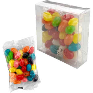A clear box containing colourful jelly beans, with a smaller plastic bag of jelly beans beside it.