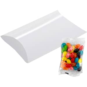 A pillow-shaped container with a transparent packet of colourful jelly beans in various shades.