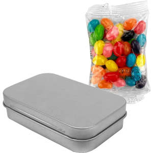 A metal tin with a clear bag of colourful jelly beans in various shades, including red, yellow, and green.