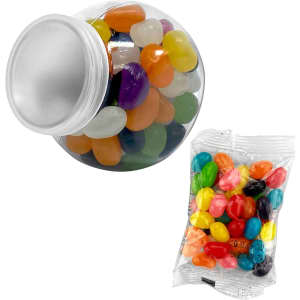 A transparent jar filled with colourful jelly beans, alongside a small bag of assorted jelly beans.