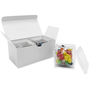 A white gift box containing two clear cubes filled with assorted colourful jelly beans.