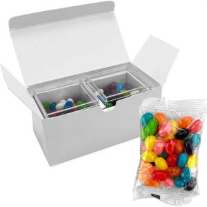A white gift box containing two clear cubes of colourful jelly beans, alongside a clear pack of assorted jelly beans.
