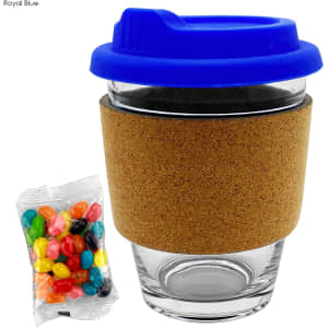 A glass coffee cup with a royal blue lid and a cork band, accompanied by a packet of colourful jelly beans.