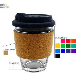 A glass coffee cup with a cork band and a black silicone lid, featuring a clear design with natural tones.