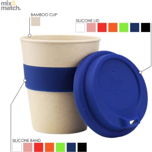A bamboo cup with a navy silicone lid and band, featuring a simple design and eco-friendly materials.
