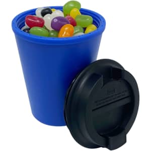 A drink bottle in blue with a black lid, filled with colourful jelly beans. It has a logo on the side.