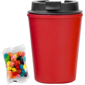 A drink bottle in vibrant red with a black lid, accompanied by a pack of colourful jelly beans.