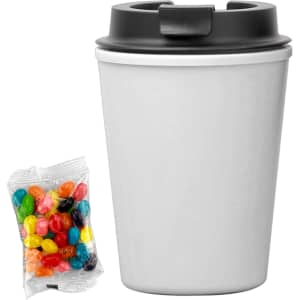 A drink bottle in white with a black lid, accompanied by a pack of assorted jelly beans.