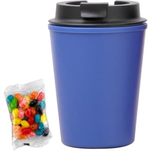 A drink bottle in a deep blue colour with a black lid, accompanied by a bag of colourful jelly beans.