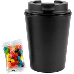 A drink bottle in black with a lid, accompanied by a pack of colourful jelly beans.