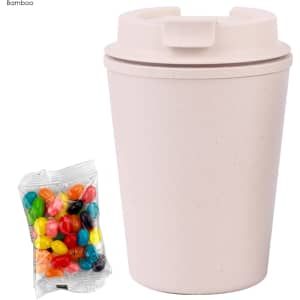 A drink bottle in pale pink with a lid, accompanied by a pack of colourful jelly beans.