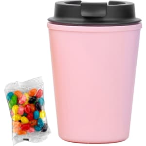 A drink bottle in pastel pink with a black lid, accompanied by a pack of colourful jelly beans.