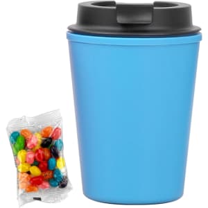 A drink bottle in vibrant blue with a black lid, accompanied by a pack of colourful jelly beans.