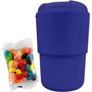 A reusable coffee cup in vibrant purple, accompanied by a pack of assorted jelly beans.