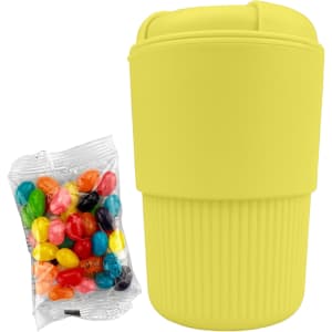 A drink bottle in bright yellow silicone, accompanied by a packet of colourful jelly beans. Features a logo on the side.