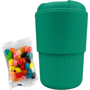 A reusable coffee cup in teal, accompanied by a pack of colourful jelly beans, featuring a textured surface and a lid.