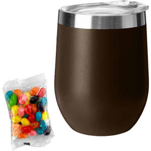 A dark brown coffee cup with a stainless steel lid alongside a packet of colourful jelly beans.
