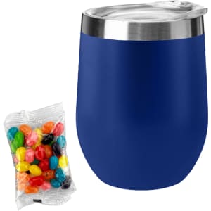 A navy blue coffee cup with a stainless steel lid, accompanied by a pack of colourful jelly beans.