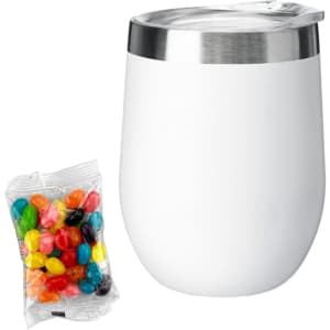 A white coffee cup with a stainless steel lid alongside a bag of colourful jelly beans.