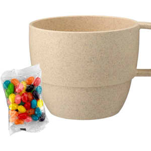 A drink cup in a natural beige colour, accompanied by a pack of colourful jelly beans, featuring a logo.