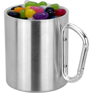 A stainless steel mug with a carabiner handle filled with colourful jelly beans.