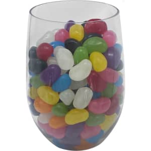 A clear crystal PET cup filled with colourful jelly beans in various shapes and sizes.